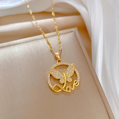 DIEYURO 316L Stainless Steel Butterfly Love Letter Pendant Necklace For Women Girl New Trend Clavicle Chain Jewelry Lady Gift