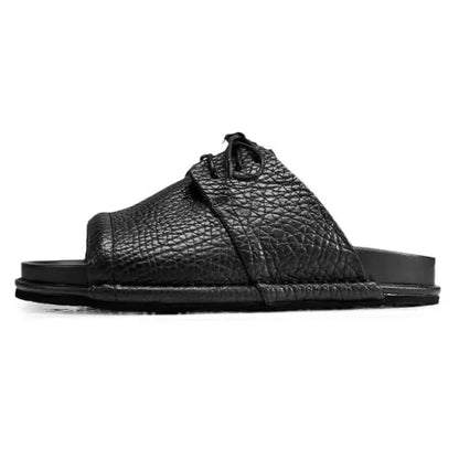 Summer Fashion Mens Lace Up Open Toe Cowhide Genuine Leather Slippers Casual Outside Beach Shoes Rome Flats Soft Platform Slides