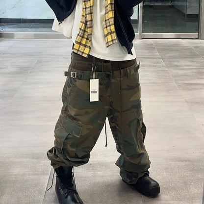 Three Waisted Camouflage Cargo Pants for Men Streetwear Patchwork Baggy Jeans Wide Leg Casual Loose Denim Trousers Oversized