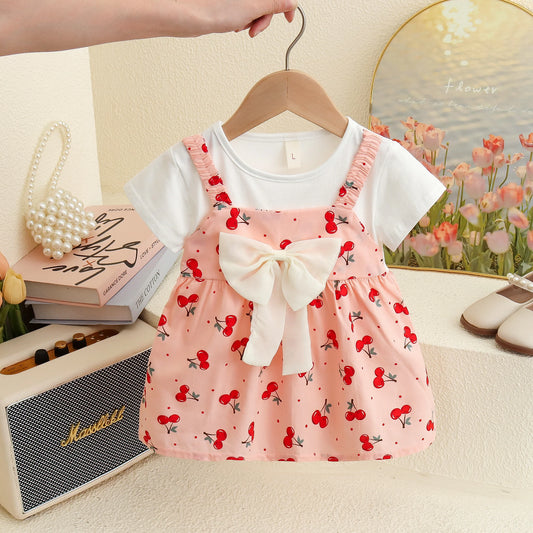 Baby Girl Dresses Summer Cherry Print Bow Short Sleeve Girls Dresses Cute Girls Casual Dresses