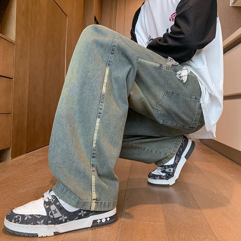 New Men's Blue Jeans Baggy Fit Straight Leg Denim Trousers 2025 Autumn High Street Fashion Y2K Jean Casual pantalones hombre
