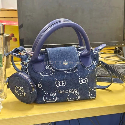 Hello Kitty Shoulder Crossbody Bag Cartoon Casual Cute Embroidery Zipper Denim Dumpling Bag Women Girls Gifts Y2k Messenger Bags