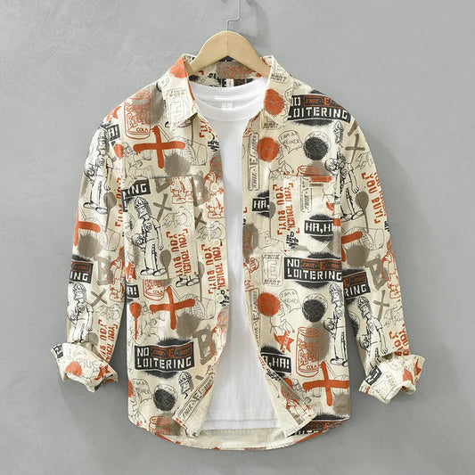 6781 100% Cotton Creative Graffiti Print Shirts Men's Spring Fall Fashion Loose Casual Blouses Youth Teen Streetwear Trendy Tops