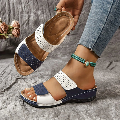 2025 New Ladies' Contrasting Wedge High-heeled Sandals, Casual Open Toed Thick Soled Shoes, Comfortable Ankle Strap Sandals