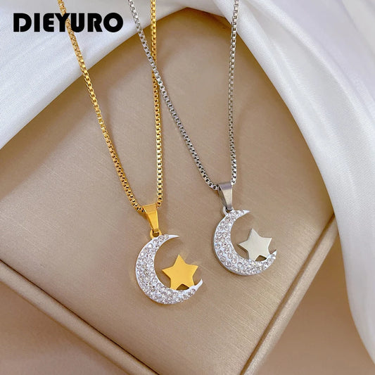 DIEYURO 316L Stainless Steel Moon Stars Pendant Necklace For Women Girl Fashion Clavicle Chain Choker Jewelry Gift Wedding