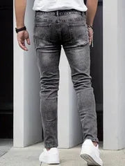 2025 New Men's Slim-Fit Snowflake Washed Jeans Four Seasons Stretch Denim Machine Washable Mid Stretch Casual Pants