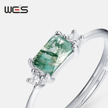 WES 925 Silver Geometric Adjustable Rings for Woman Natural Stone 4*6mm Moss Agate Crystal Wedding Gift Fine Jewelry Wholesale