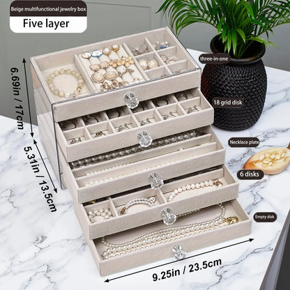 5-layer jewelry box, velvet drawer tray, transparent jewelry storage box, elegant jewelry display box