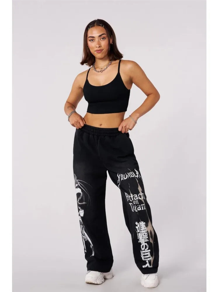 Young American trendy sweatpants collaboration anime joggers, cotton terry print, wide-leg casual pants, hip-hop street pants