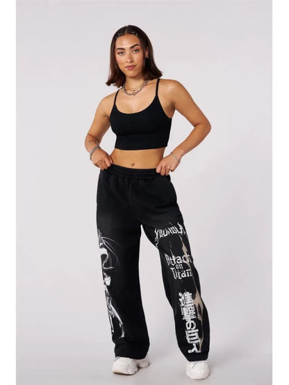Young American trendy sweatpants collaboration anime joggers, cotton terry print, wide-leg casual pants, hip-hop street pants