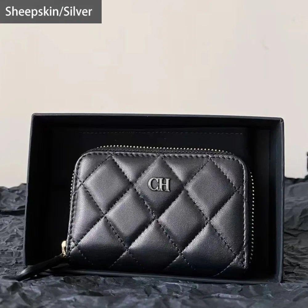 Fashion Sheepskin Leather Business Card Holder Flap Credit Card Coin Purse Classic Diamond Lattice Small Perfume Ladies Card Bag