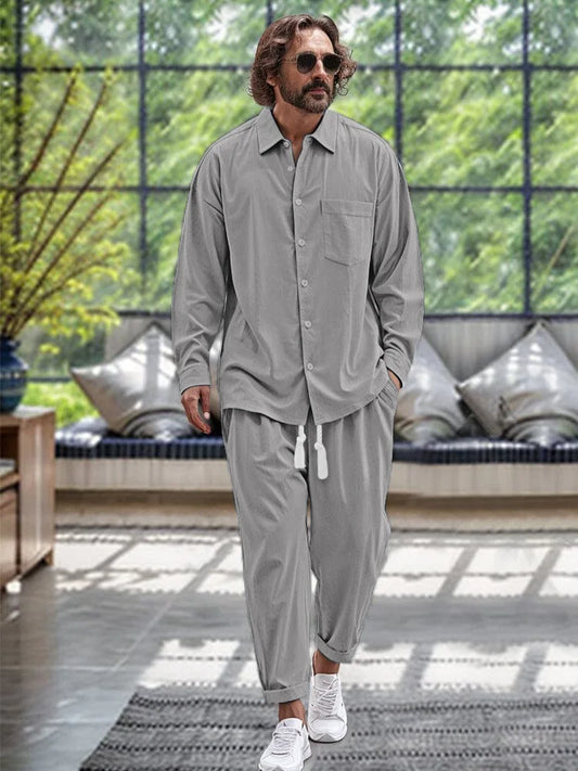 Men's Long-Sleeved Two-Piece Fashion Comfortable Cotton And Linen Casual Pocket Lapel Single-Breasted Loose Street Suit