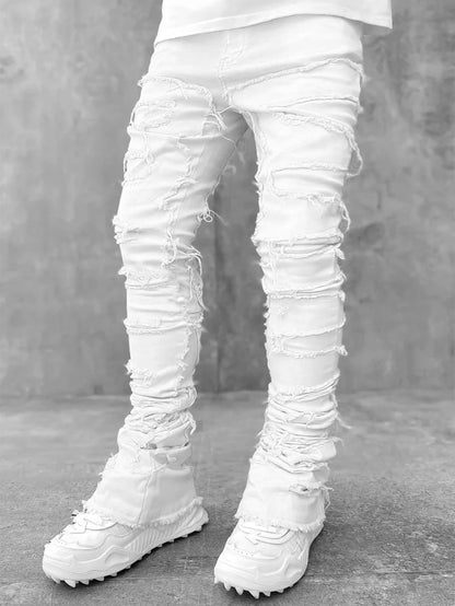 Man Stacked Jeans Elastic Waist Straight Fit Patchworks Denim Long Pants Fringe Ripped Jeans For Men