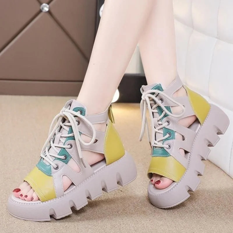 2025 New Women's Chunky Platform Gladiator Sandals - Breathable Color Block Strappy Summer Shoes