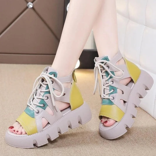 2025 New Women's Chunky Platform Gladiator Sandals - Breathable Color Block Strappy Summer Shoes