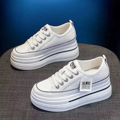 Casual Canvas Shoes 2024 New Women's Solid Color Thick Sole Sports Wedge Heel Height Increasing Breathable Vulcanized Women's