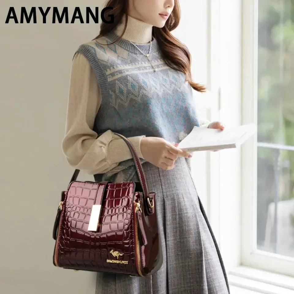 Women Patent Leather Handbag High Quality lnterior Slot Pocket Leather Bucket Bag Female Shoulder Bag Luxury Brand Crossbody Bag