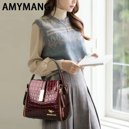 Women Patent Leather Handbag High Quality lnterior Slot Pocket Leather Bucket Bag Female Shoulder Bag Luxury Brand Crossbody Bag