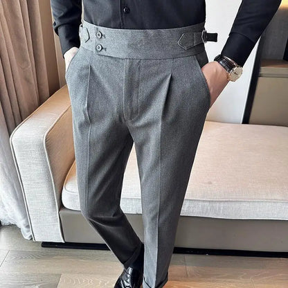 Autumn Winter High Waist Business Dress Pants Men Casual Belt Design Slim Suit Pants Formal Wedding Social Party Male Trousers