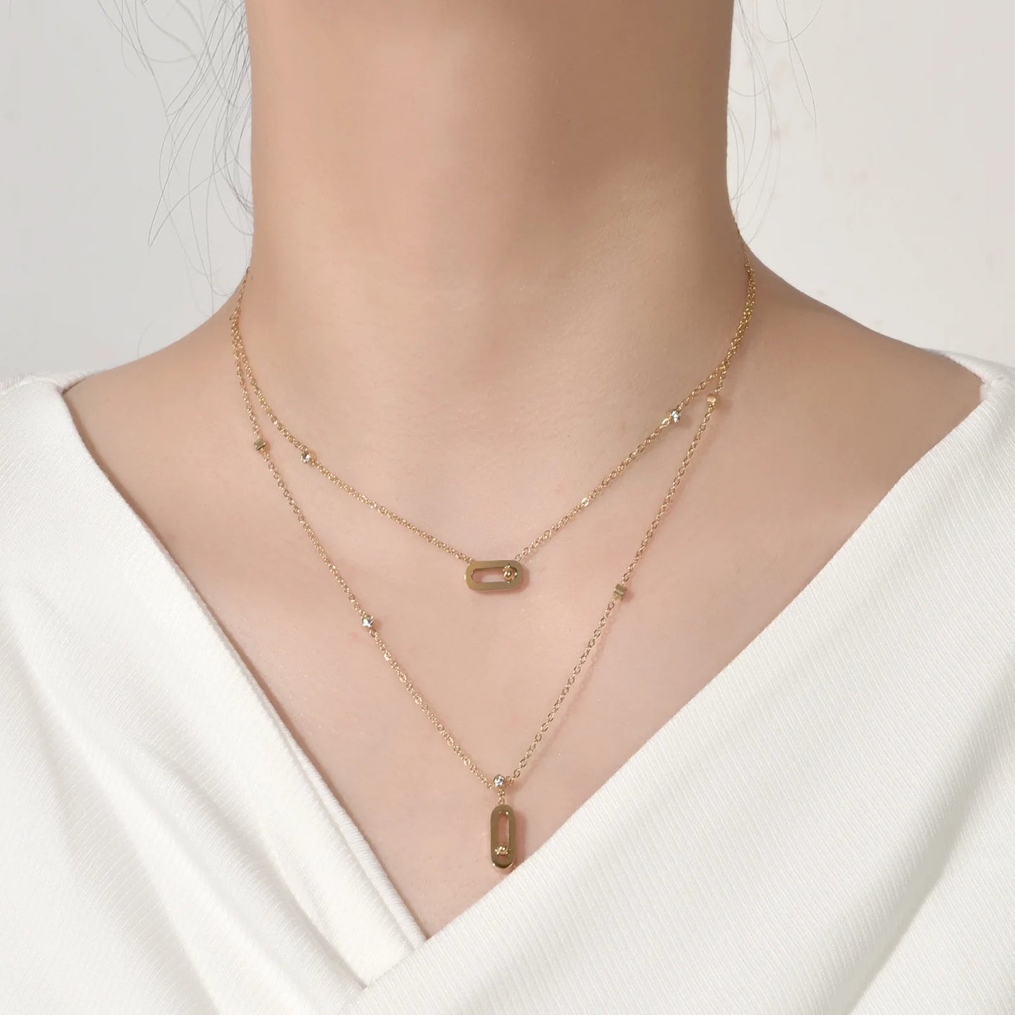 Paperclip Double-Layer Necklace Women With Full Diamonds Rectangular 18K Gold Pendant Long Tassel Clavicle Chain Daily Jewelry