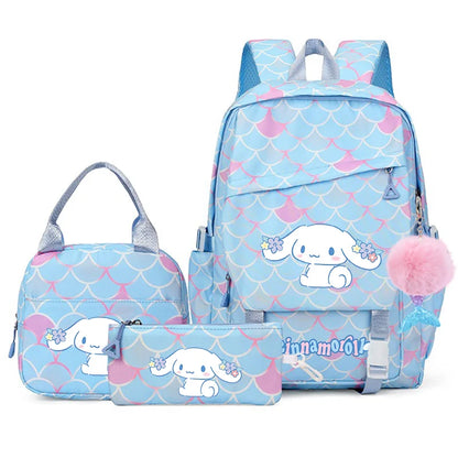 3Pcs Cinnamoroll Fish Scale Kid Backpack With Mermaid Pendant Lunch Girl School Bag Children Schoolbag For Teenage Girls