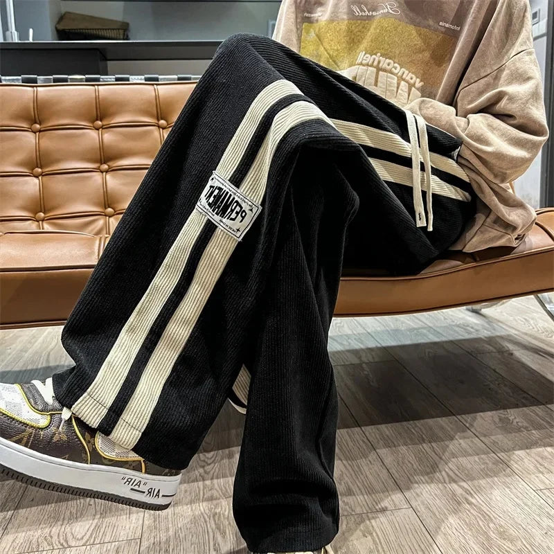 Spring Autumn Men's Corduroy Pants American Style Loose Fit Casual Striped Letter Straight Leg Couple Bell Bottoms Trendy New Mo