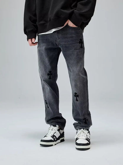 European and American high street cross horn jeans men's hip-hop casual retro trend brand straight tube loose long pants trend