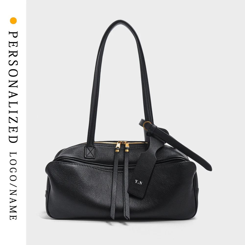 Free Gold Stamping First Letter 2025 Spring and Summer Genuine Leather Bowling New Women's Bag Simple First Layer Cowhide Boston