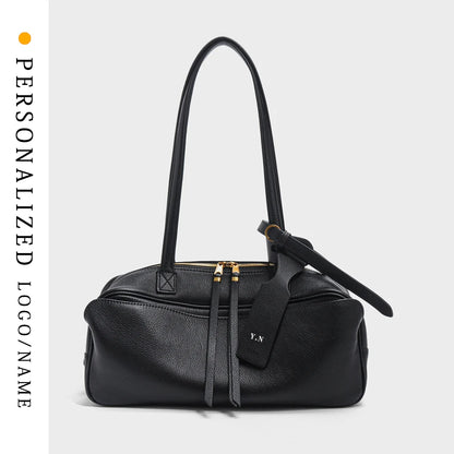 Free Gold Stamping First Letter 2025 Spring and Summer Genuine Leather Bowling New Women's Bag Simple First Layer Cowhide Boston