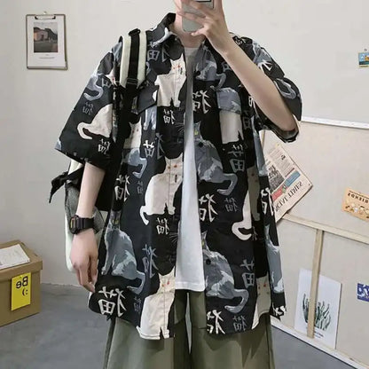 Mens Cute Shirt Black Cats Print Shirts Short Sleeves Summer Lapel Neck Buttons Cartoon Shirt Beachwear Tops Camisa Harajuku Top