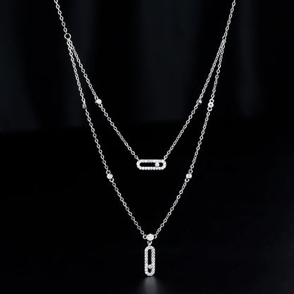 Paperclip Double-Layer Necklace Women With Full Diamonds Rectangular 18K Gold Pendant Long Tassel Clavicle Chain Daily Jewelry
