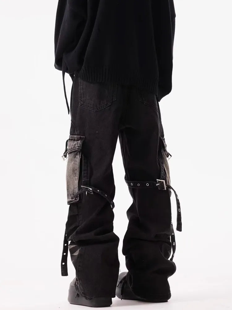 2025 Cyber Y2K Streetwear Ripple Strap Baggy Cargo Jeans Pants For Men Designer Clothes Wide Leg Black Multi Pockets Trousers
