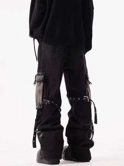 2025 Cyber Y2K Streetwear Ripple Strap Baggy Cargo Jeans Pants For Men Designer Clothes Wide Leg Black Multi Pockets Trousers