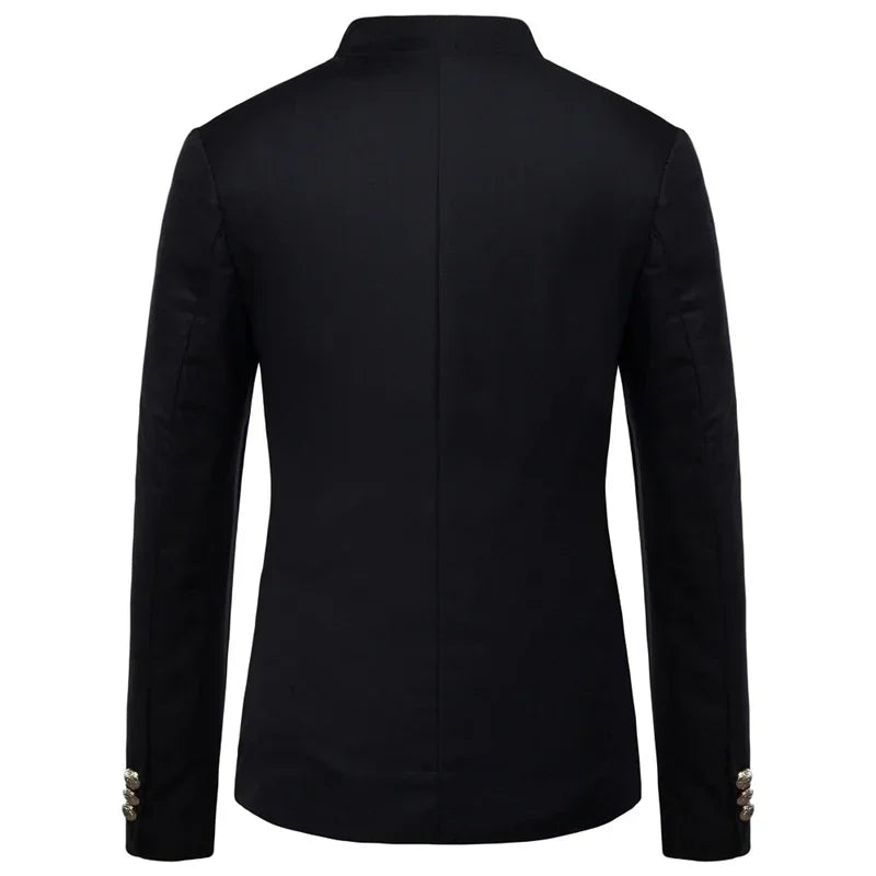 Black Stand Up Collar Blazer Coat, Men's Wedding Party Dress Jacket Fashion Slim Fit Single Breasted Jaqueta, Asian Size M-5XL