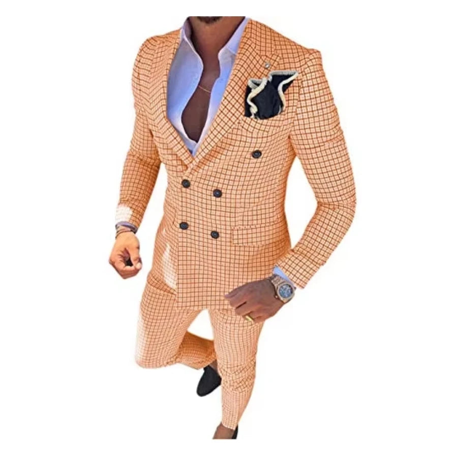 Men's Suit Brown Formal 2 Pieces Slim Fit Double breasted Plaid Soft Wool Tweed Prom Tuxedos Wedding Groomsmen (Blazer+Pants)