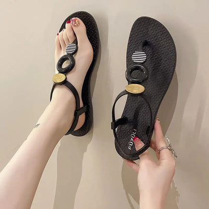Roman Style Flat Rubber No Heel Pink Sandals for Women Beach Footwear Summer 2024 Open Toe Ladies Shoes Comfort Asian Size F H