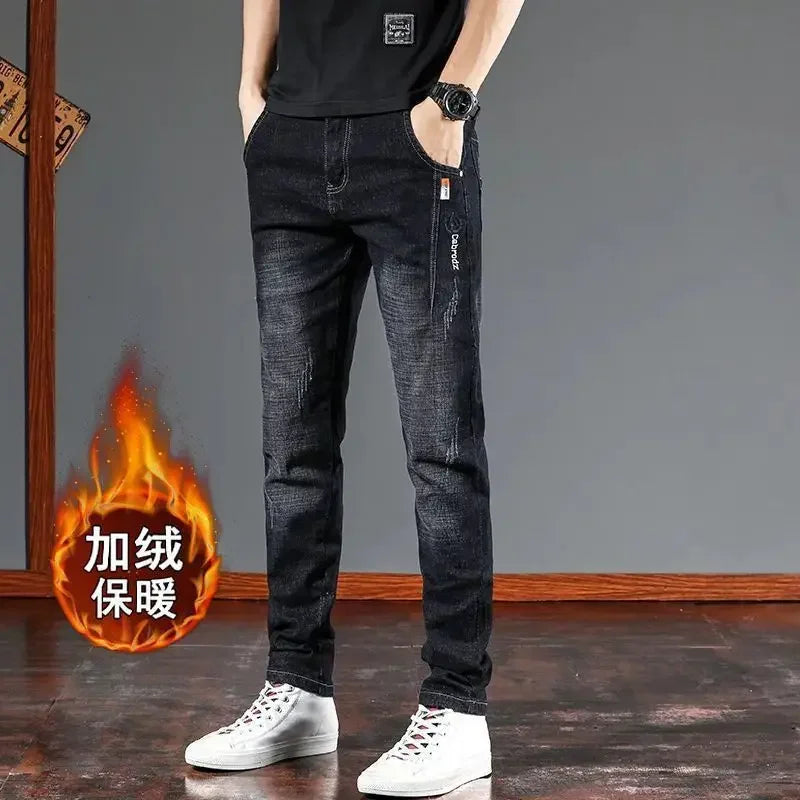 Fashion Men's Jeans Fashion Casual Slim Autumn Winter Fleece Kpop Denim Pants Plus Velvet Korean Luxury Clothing Classic Jeans