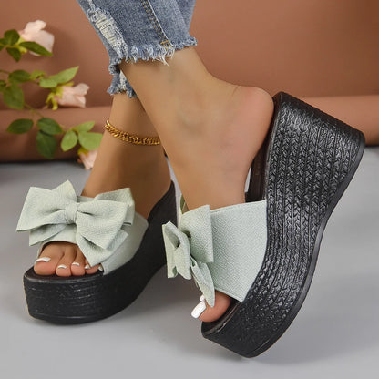 Platform Bowknot High Heels Slippers Women's Wedding Shoes Summer 2025 Casual White Black Slides Ladies Beach Pantuflas De Mujer
