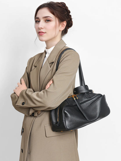 Free Gold Stamping First Letter 2025 Spring and Summer Genuine Leather Bowling New Women's Bag Simple First Layer Cowhide Boston