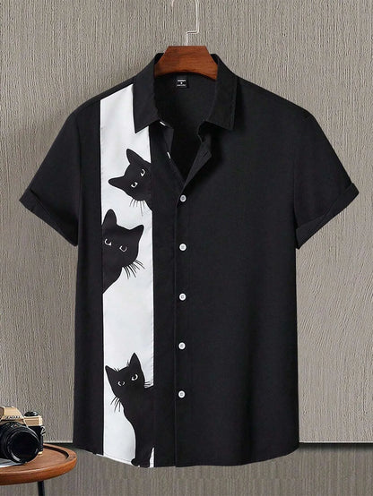 Whimsical Cat Print Men's Shirt – Playful Short Sleeve Button-Up with Adorable Kitten Patterns for Casual & Fun Outings