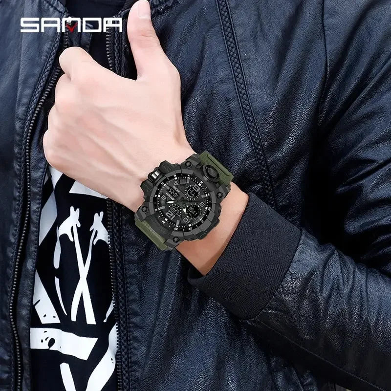 SANDA 6021 Sport Watch for Men Waterproof LED Dual Display Quartz Wristwatch Mens Digital Clock Military Stopwatch Reloj Hombre
