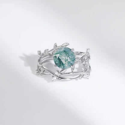 WES 925 Silver Unique Olive Branch Natural Gem 8*8mm Moss Agate Adjustable Ring Sets For Women Wedding Gifts Wholesale Jewelry