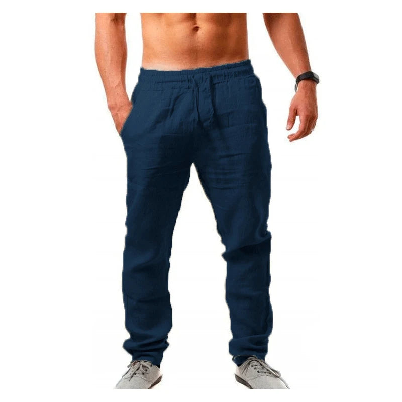 Pantalones largos de lino y algodón para hombre calzas transpirables de Color sólido informales con cintura elástica estilo