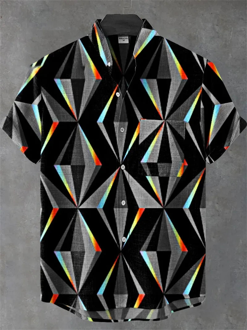 Men's Linen Batik Shirt Retro Short Sleeved Top Fashionable Summer Casual Ethnic Clothing Shirt Plus Size Streetwear