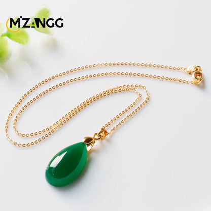 Natural Agate Drop Pendant Green Chalcedony Necklace Fashion Luxury Jewelry for Girlfriend Mother Holiday Gift