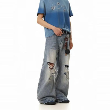 2025 American High Street Men's Ripped Jeans Y2K Vintage Straight Baggy Denim Pantalones Hombre Hip Hop Fashion Distressed Jean