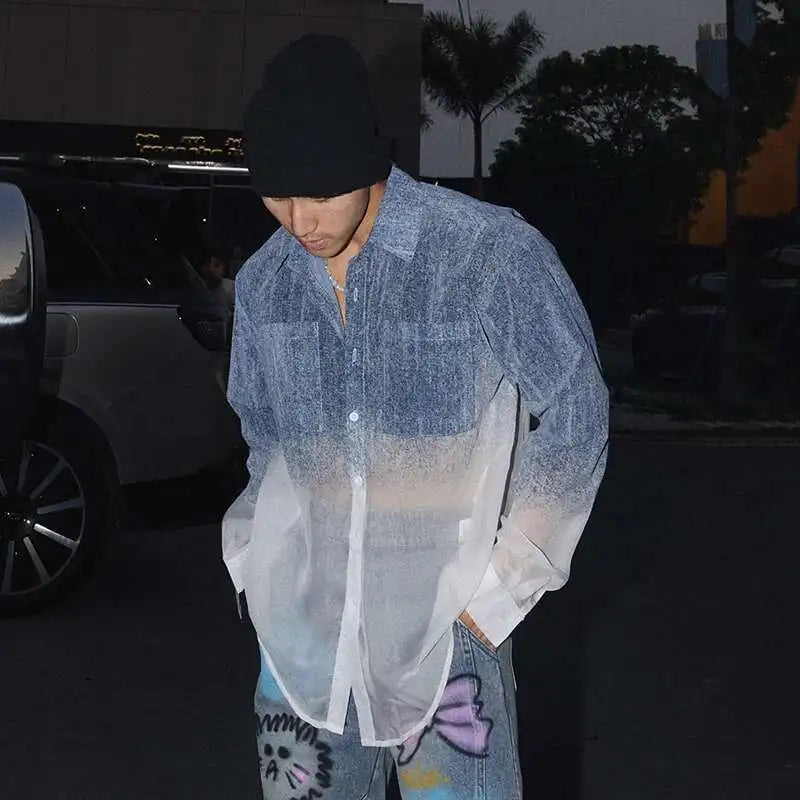 FEWQ Niche Design Men's Shirts Lapel Denim Single Breasted Long Sleeved Casual Gradient Color Loose Male Pocket Top Chic 24K3470