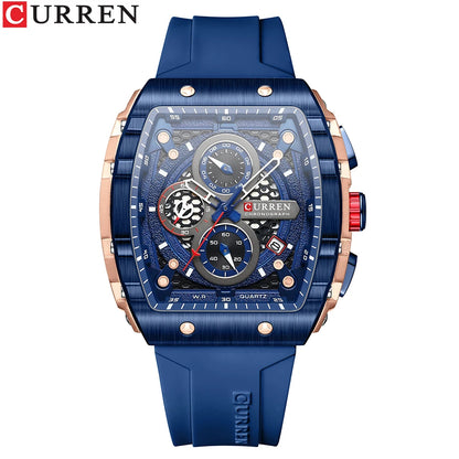 CURREN New Fashion Square Dial & Silicone Strap  Mens Watches Luxury Sport Waterproof Watch Man Chronograph Quartz WristWatches