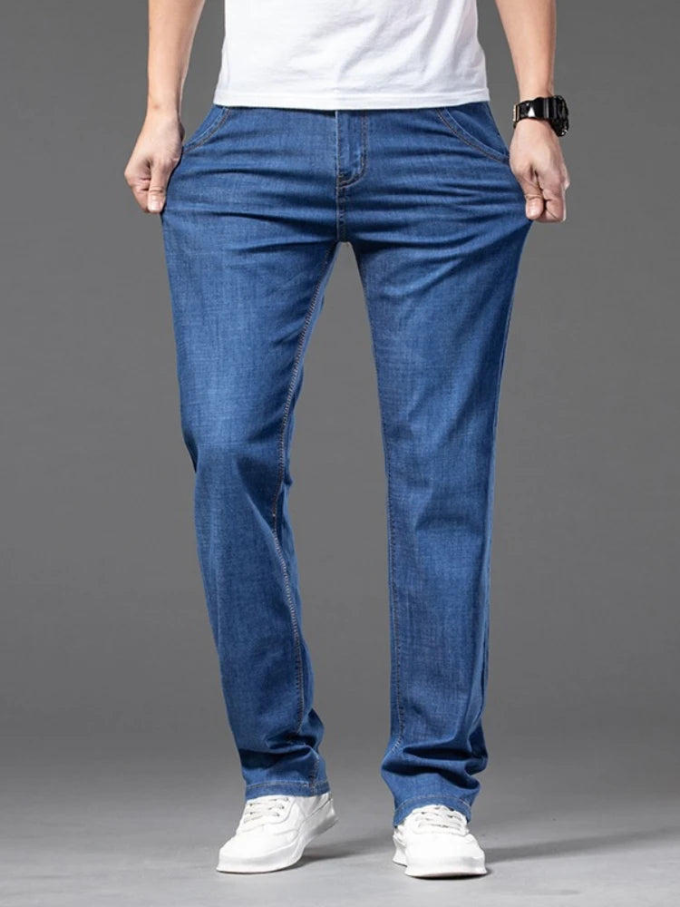 Plus Size 28-42 Men's Jeans Spring Summer Thin Business Classic Stretch Straight Denim Pants Male Brand Casual Loose Trousers