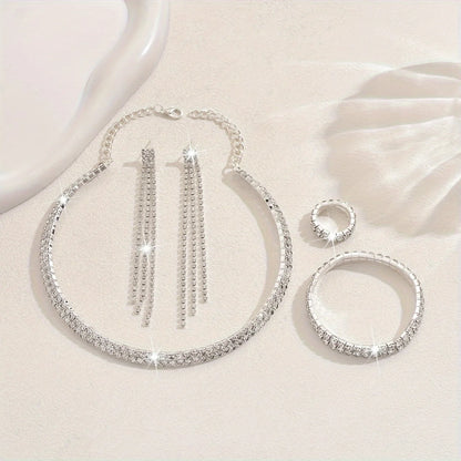 5pcs Luxurious Rhinestone Jewelry Set for Women,Choker, Earrings, Stretch Bracelet & Ring for Weddings, Banquets & Parties